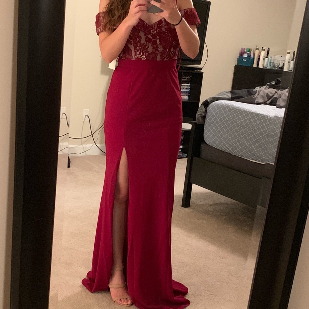 Burgundy & Nude Off The Shoulder Maxi Dress